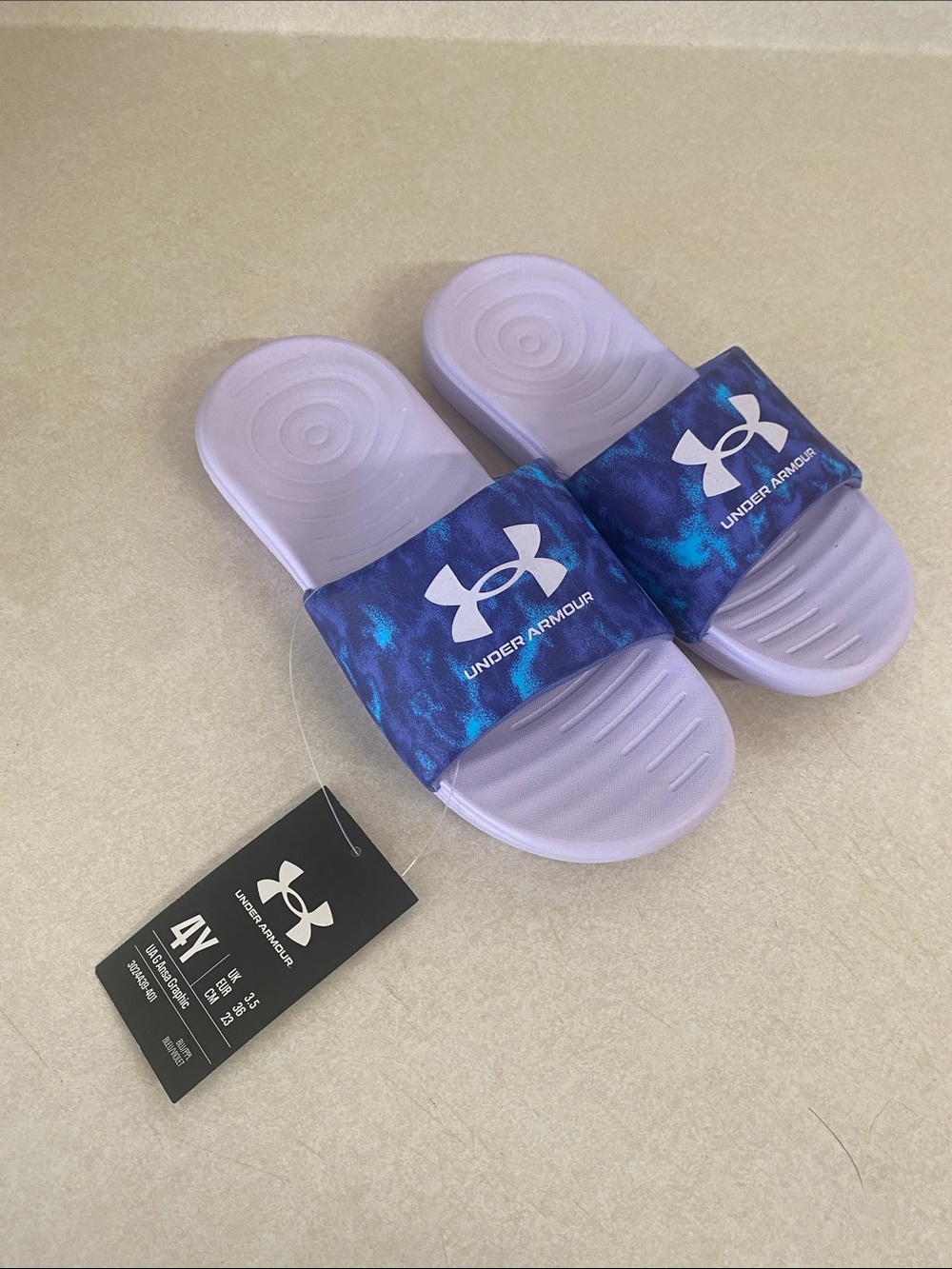 Under Armour Lavender Slides with Blue Tie-Dye Strap size 4Y